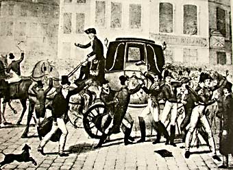 Napoléon menacé par la populace lors de son départ pour l'île d'Elbe le 25 avril 1814